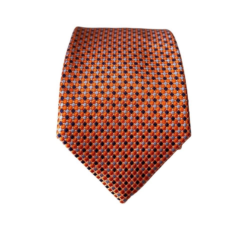 Tommy Hilfiger Mens Silk Tie Orange Navy Blue Geometric Diamond Micro Pattern‎